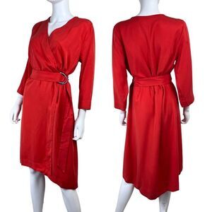 Soft Surroundings Traviata Women Size M Red Faux Wrap Midi Pullover Belted Dress